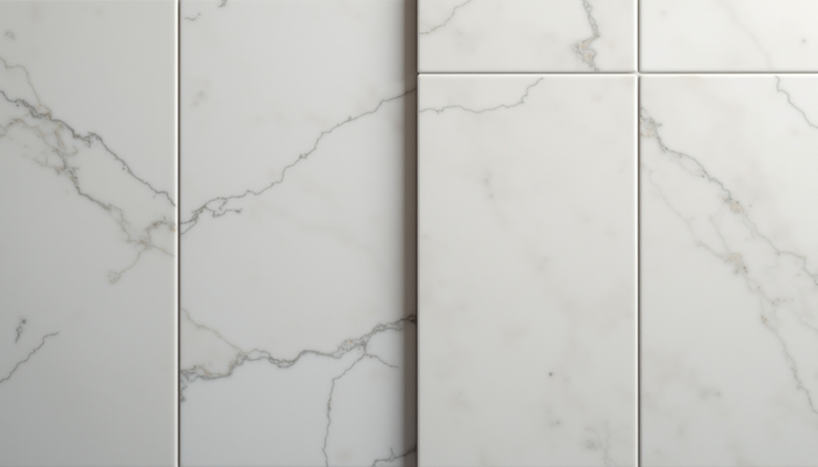 Close-up view of porcelain and ceramic bathroom tiles side by side