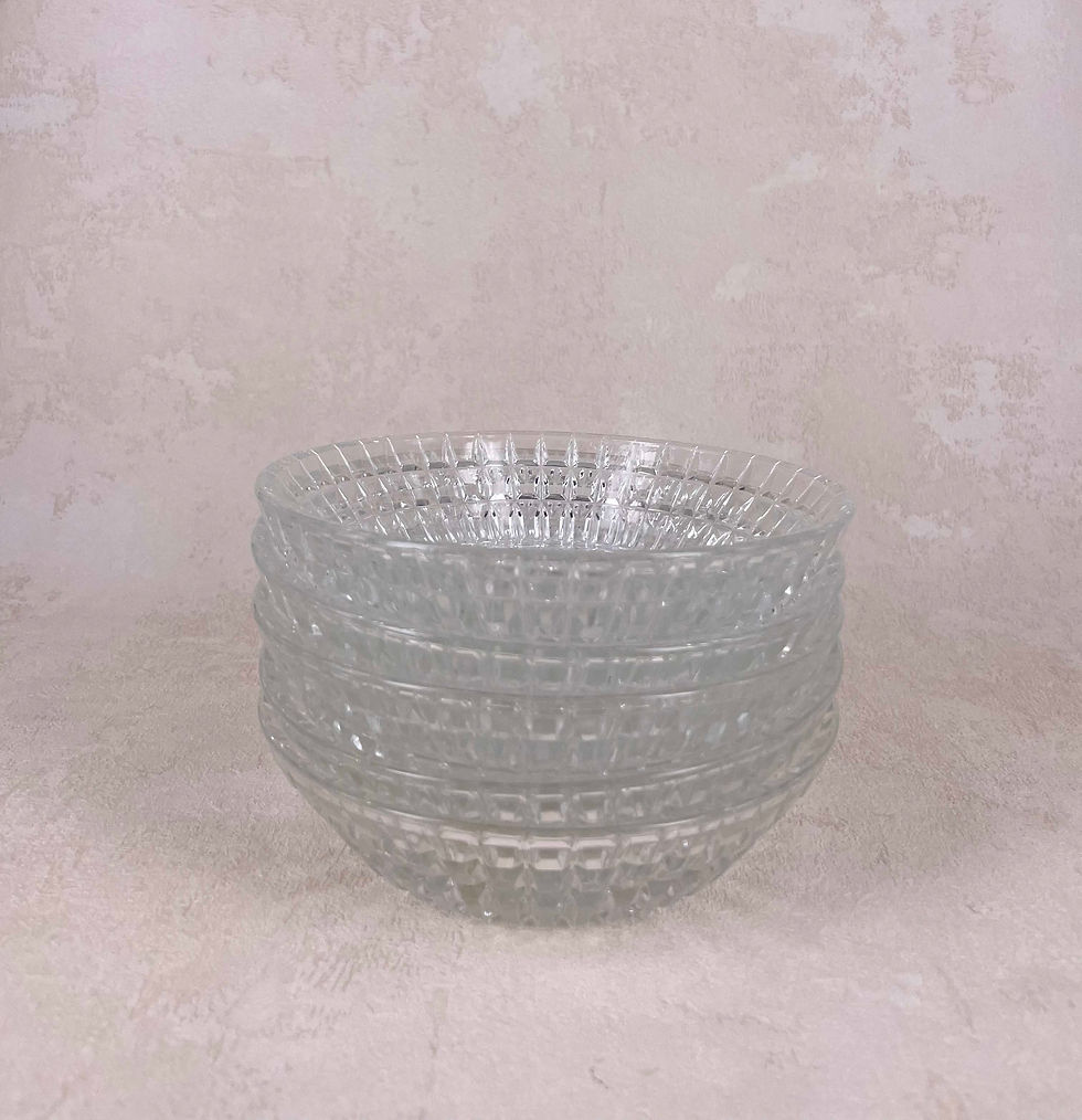 Thumbnail: collectable set of vintage pressed glass, Sowerby, Bagley, clear glass. dessert bowls, small clear trifle dishes, retro bowls