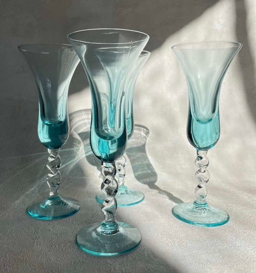 Blefeld & Co. Retro drinkware, turquoise wine glasses, crystal twisted stem,  crystal air twist glass set, collectable  glass