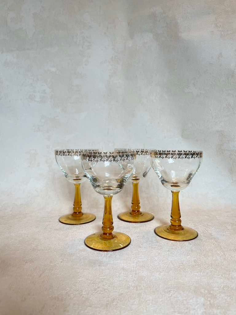 Thumbnail: Large set of Vintage glassware, vintage liqueur glasses, vintage martini coupe glasses, amber stem cordial glasses, 1950's