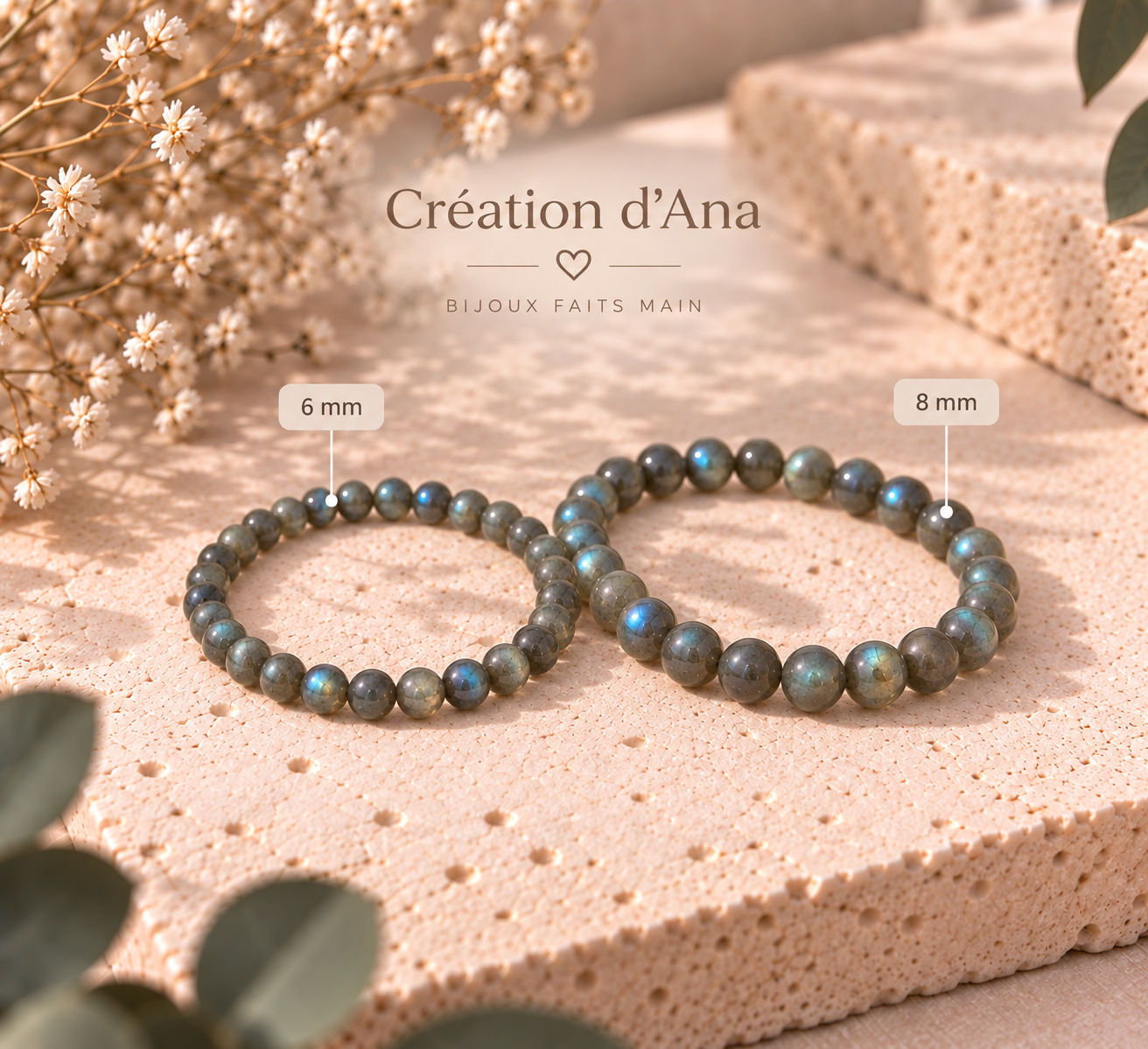Bracelets labradorite en perles 6 et 8 mm