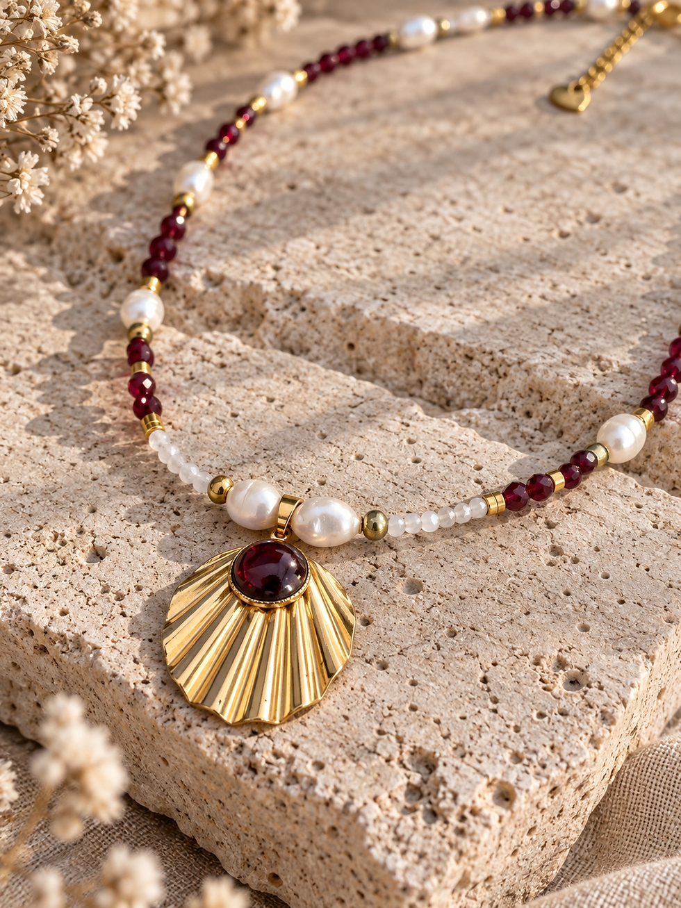 Collier grenat et pierre de lune avec perles d’eau douce