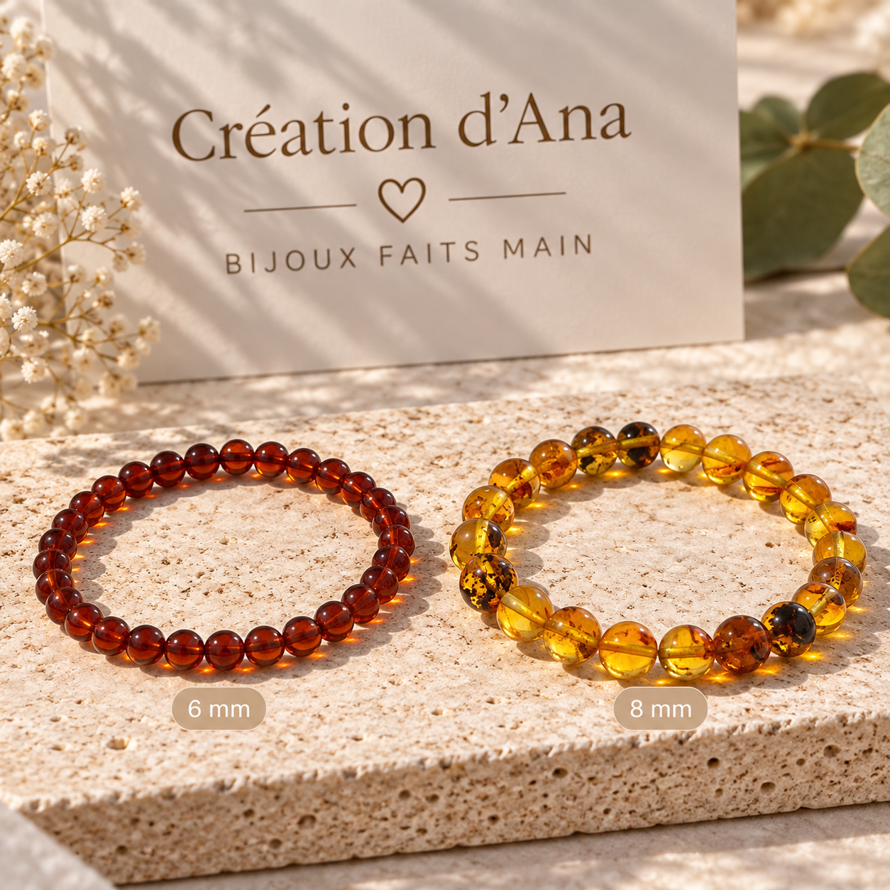 Bracelet ambre perles cognac & miel | Création d'Ana