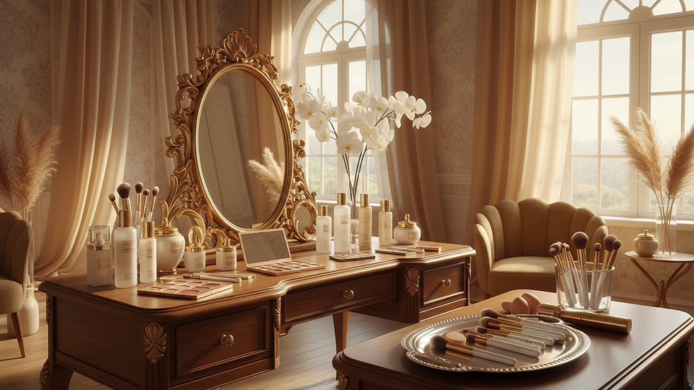 Eye-level view of a luxurious bridal makeup studio with skincare products