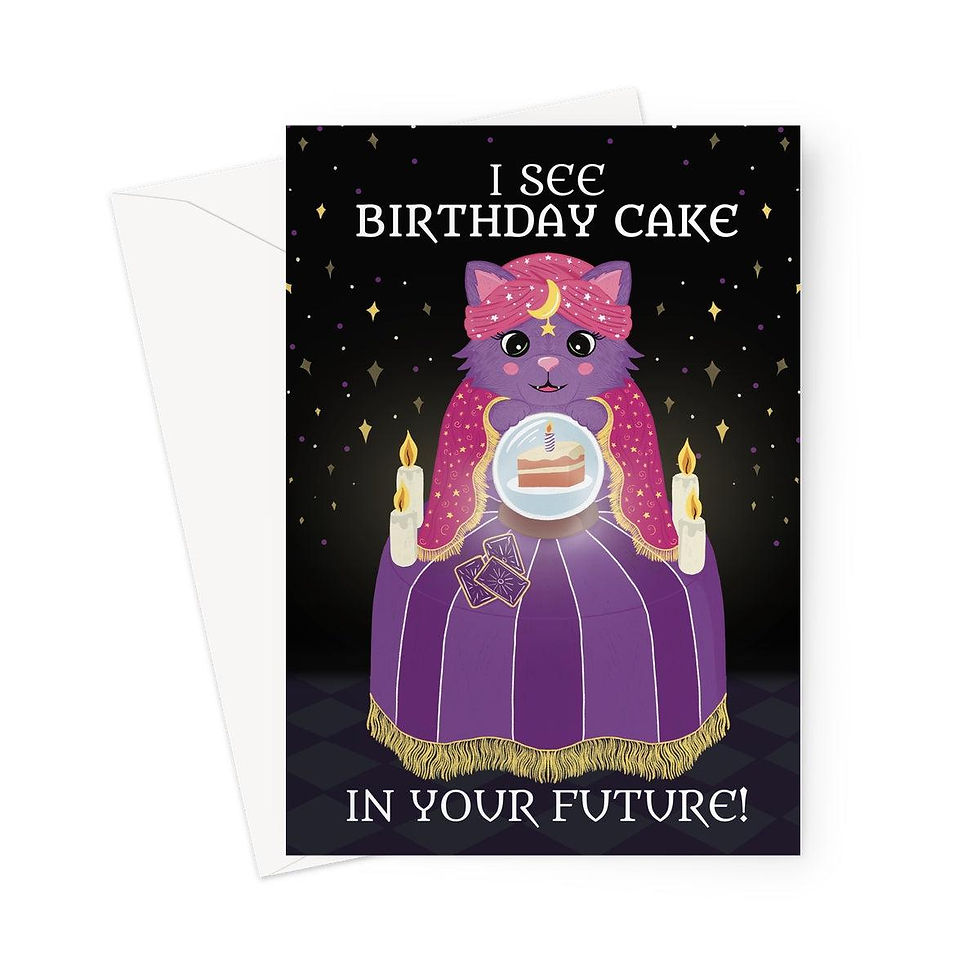 Thumbnail: Cute Fortune Teller Cat Birthday Card – Birthday Cake in Your Future