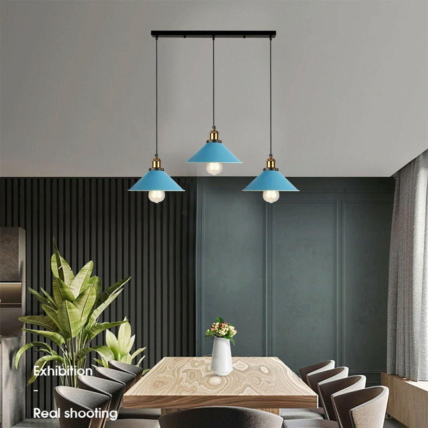 Industrial Vintage Pendant light with 3 heads cone various colours E27 Uk