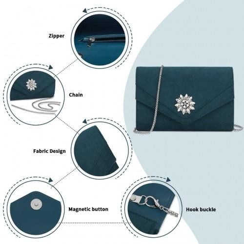 Thumbnail: Miss Lulu Elegant Navy Faux Suede Evening Clutch with Crystal Flower
