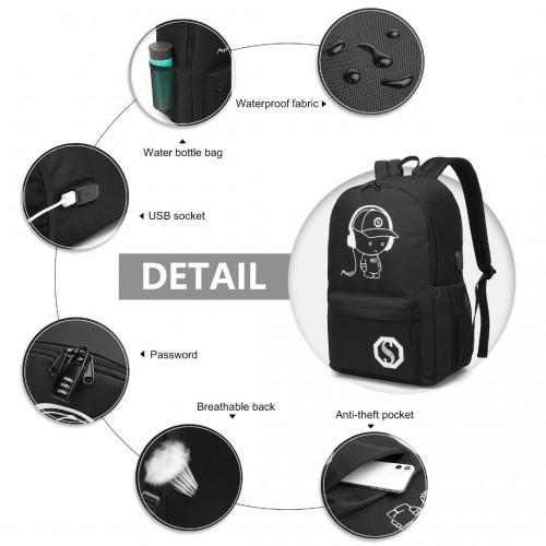 Thumbnail: E6879 - Kono Glow In The Dark Waterproof USB Charging Backpack With Pencil Case