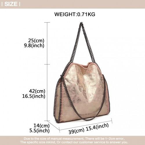 Thumbnail: S1760 - Miss Lulu Metallic Effect Chain Tote Bag - Pink