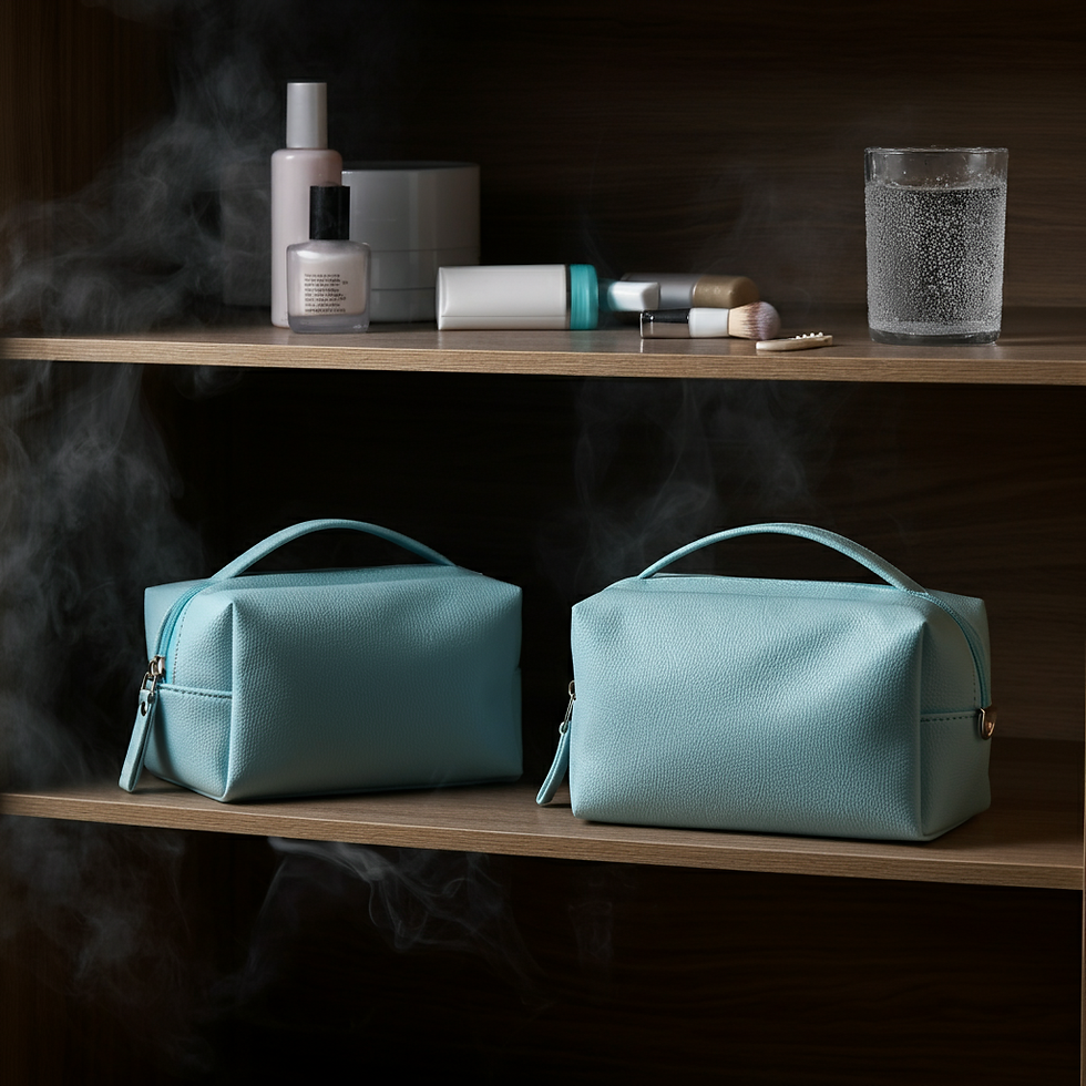 Two blue pouches on a wooden shelf with steam around; cosmetics and a frosted glass are on the upper shelf, creating a serene atmosphere.