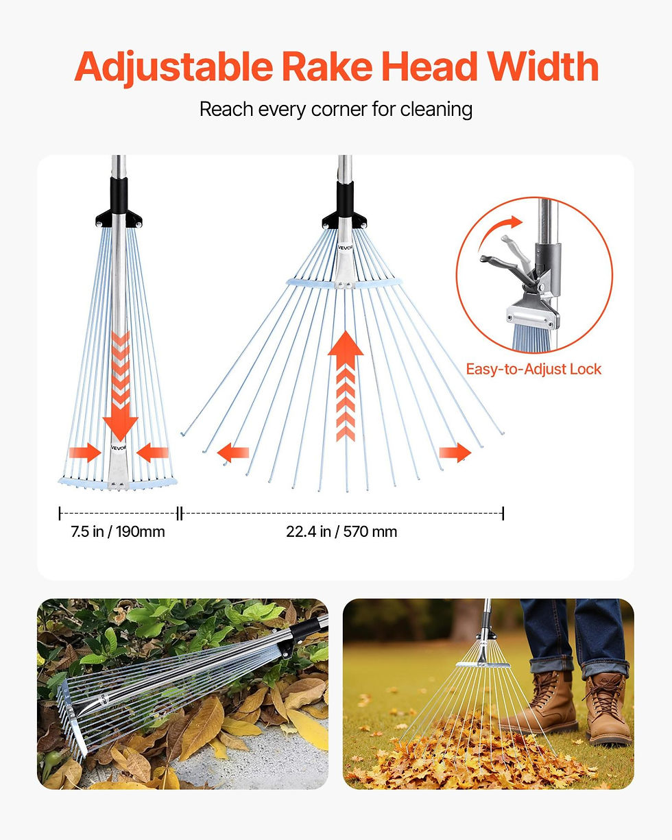 Thumbnail: VEVOR Leaf Rake, 15 Metal Tines, Adjustable Garden Rake for Lawns with 7.5-22.4