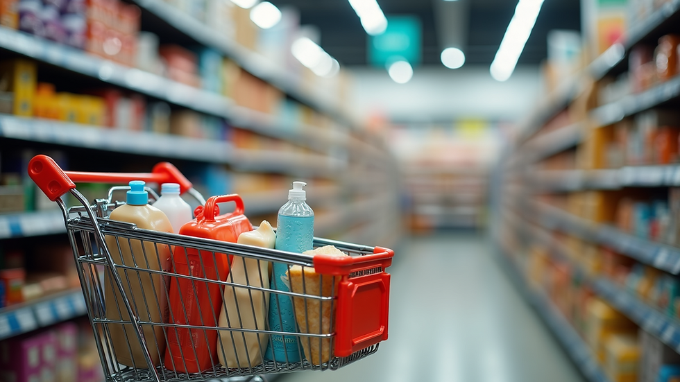 Close-up view of shopping cart filled with discounted products