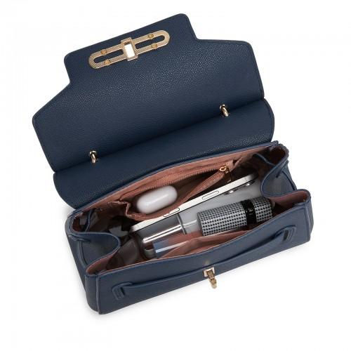 Thumbnail: Miss Lulu Elegant Navy Structured PU Top-Handle Mini Satchel ? Twist-Lock Flap &