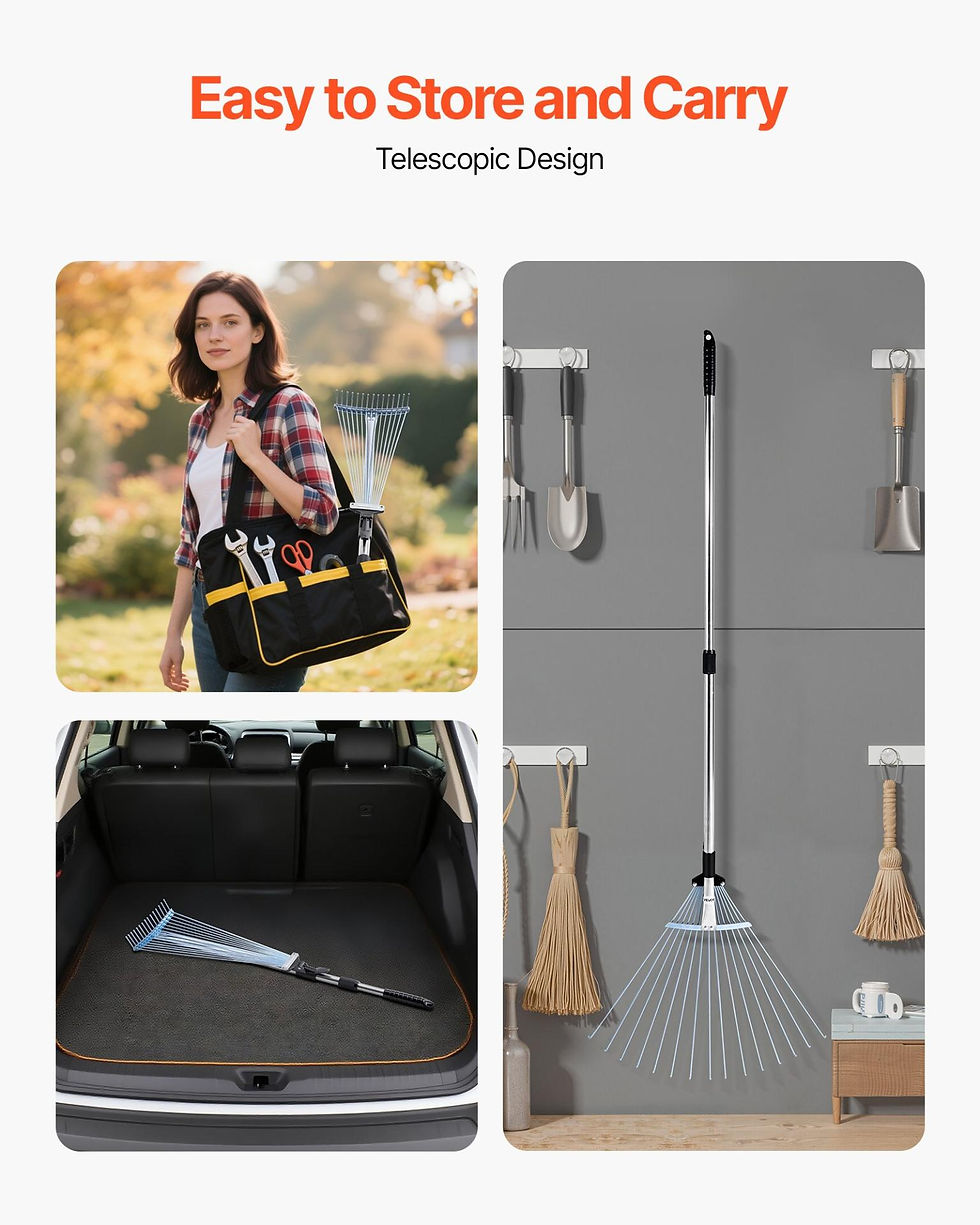 Thumbnail: VEVOR Leaf Rake, 15 Metal Tines, Adjustable Garden Rake for Lawns with 7.5-22.4