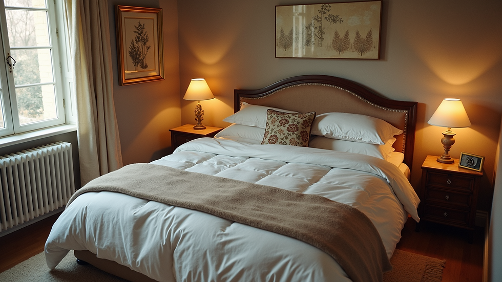 High angle view of a cozy bedroom adorned with layered textures