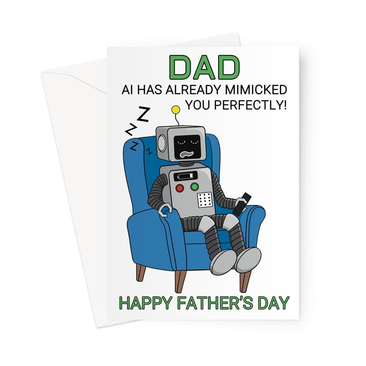 Funny Father's Day Card – Robot Dad Sleeping – AI Dad Joke Card for Him