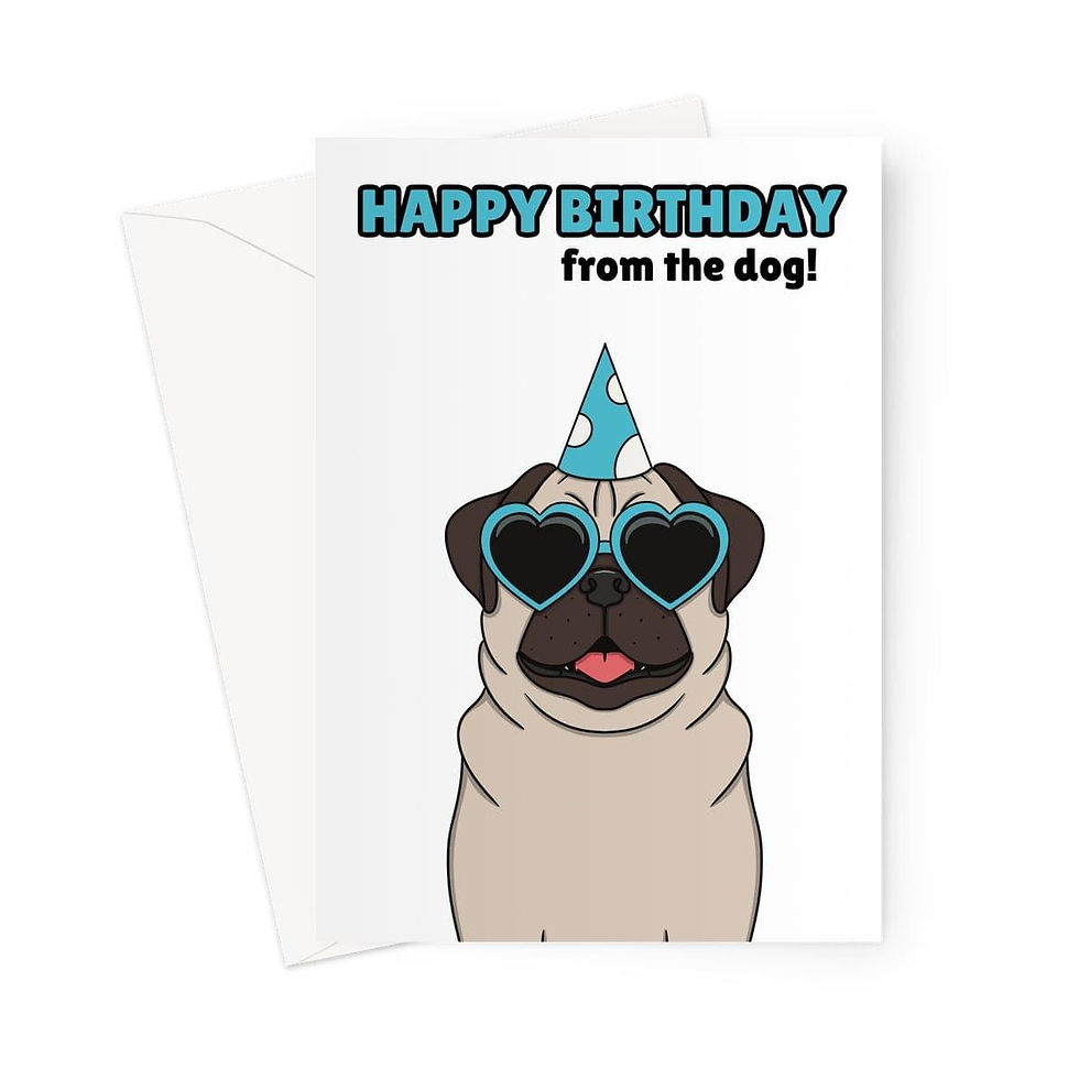 Thumbnail: Funny Pug Birthday Card – From the Dog – Cute Cartoon with Party Hat & Heart