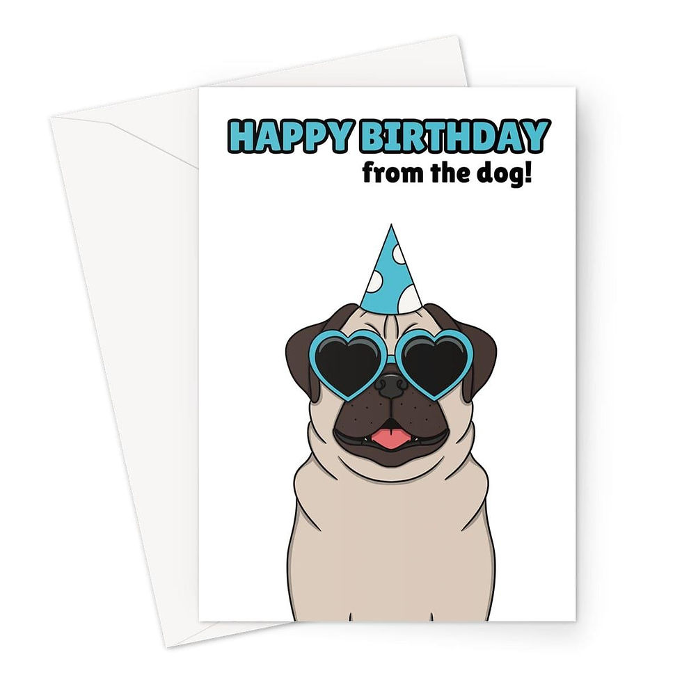 Thumbnail: Funny Pug Birthday Card – From the Dog – Cute Cartoon with Party Hat & Heart