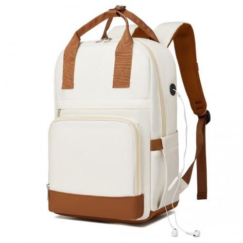 Thumbnail: Kono Casual Contemporary Backpack - Cream and Brown | Laptop Sleeve & Padded