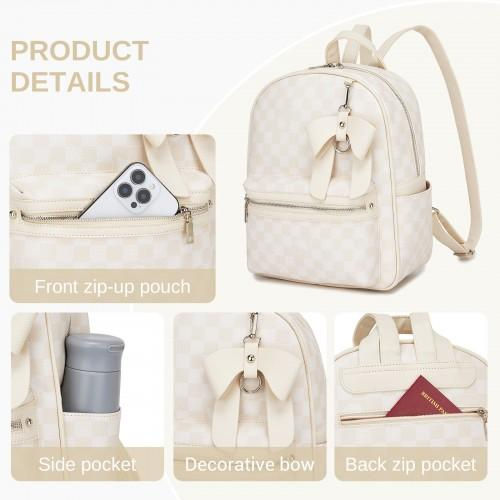 Thumbnail: BPM2614 - Miss Lulu Checked PVC Backpack with Detachable Bow, Casual Women’s