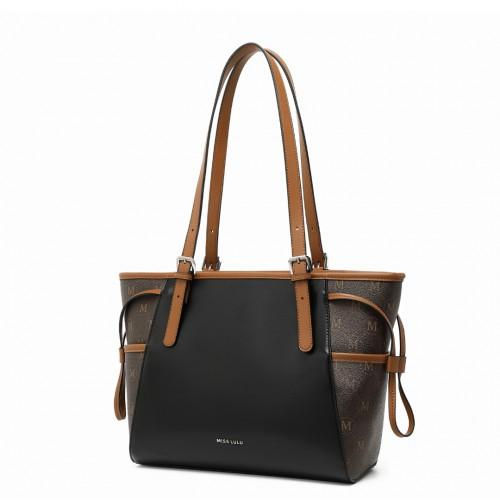 Thumbnail: LG2322 - Miss Lulu Elegant Tote Bag With Monogram Pattern - Black And Brown