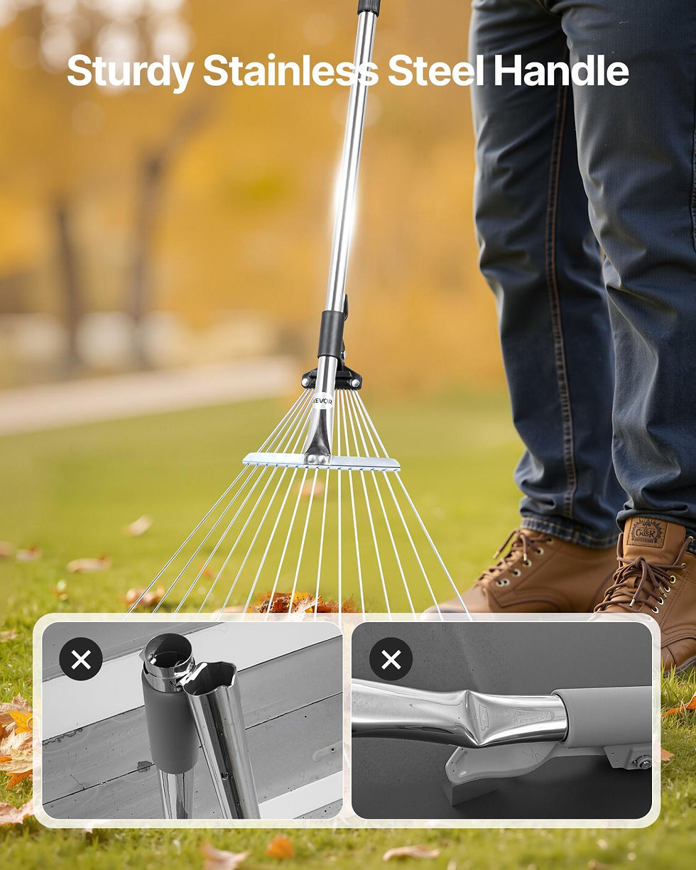 Thumbnail: VEVOR Leaf Rake, 15 Metal Tines, Adjustable Garden Rake for Lawns with 7.5-22.4