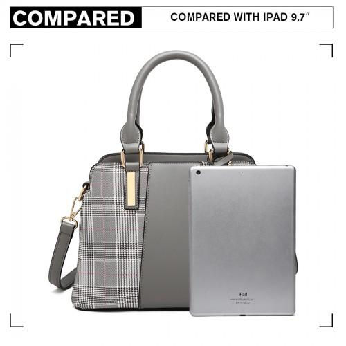 Thumbnail: LG2001 - Miss Lulu Gingham Plaid Panel Shoulder Bag - Grey