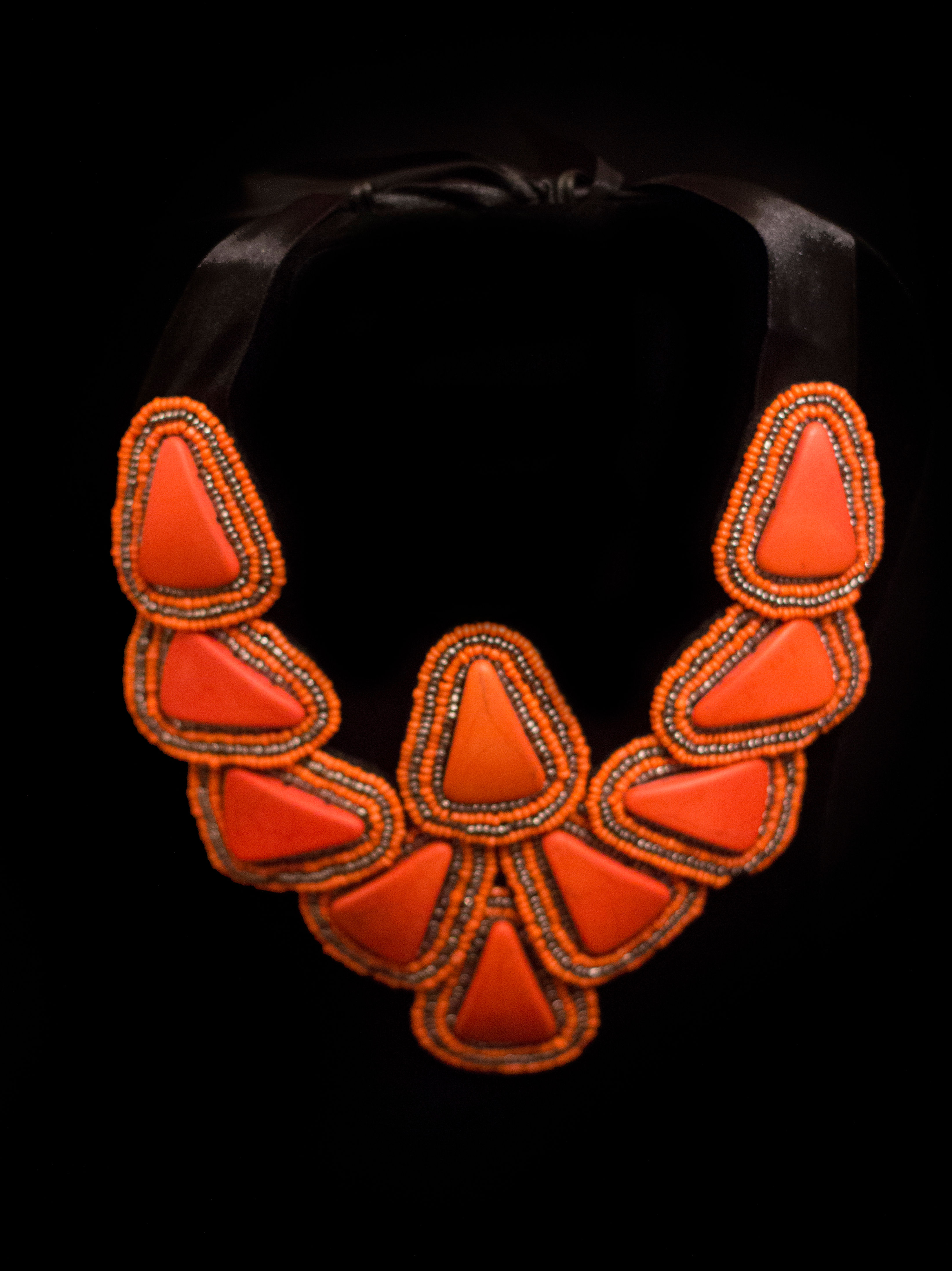 Orange Stone Necklace with Black Tie Ribbon