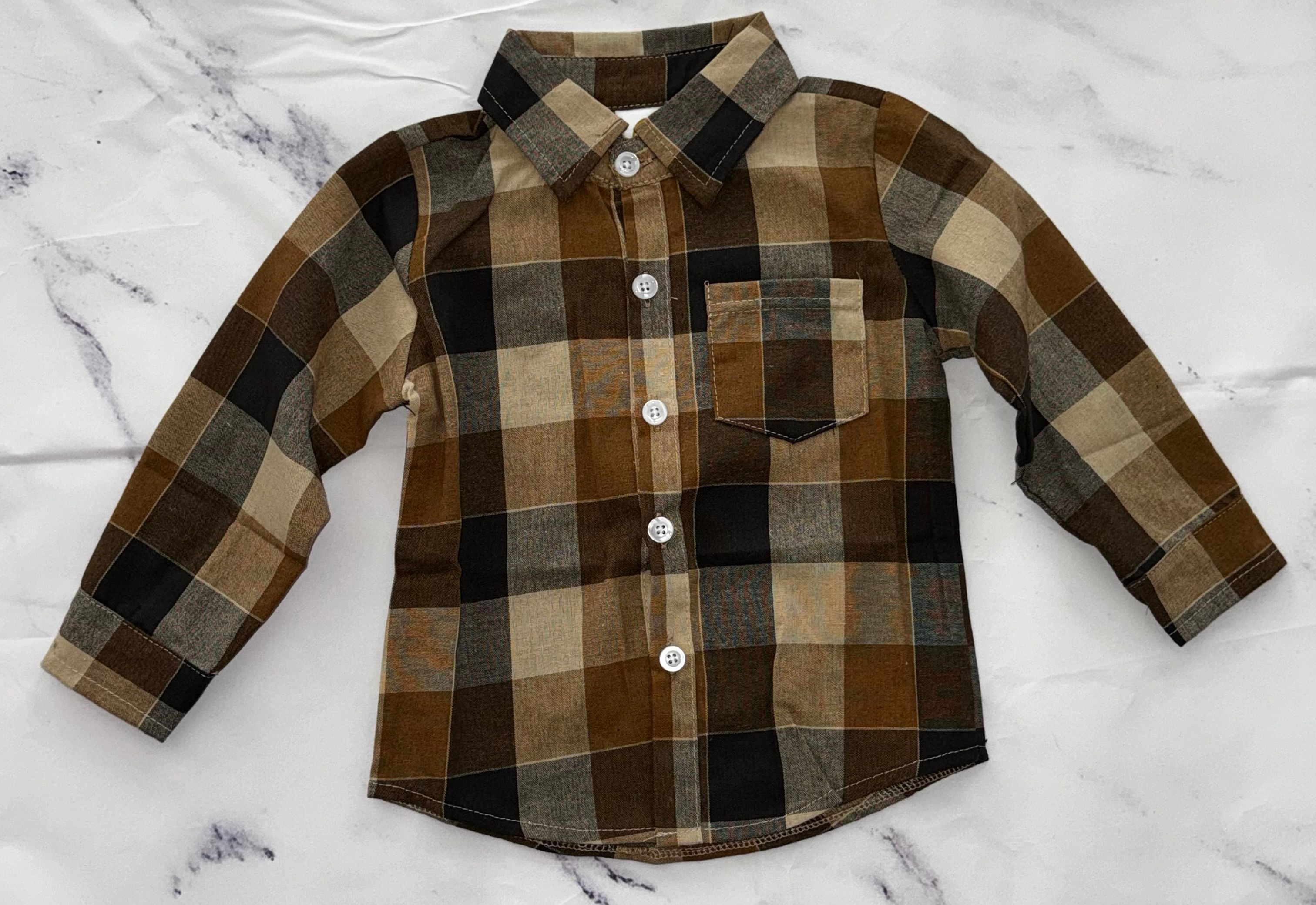 Boys Brown Plaid Button Down Shirt