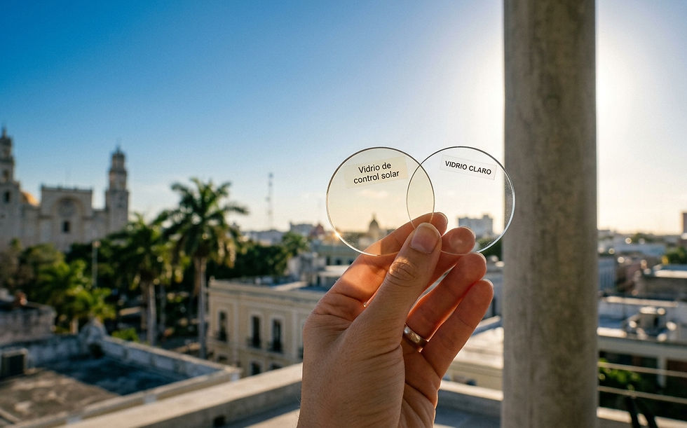Muestra de vidrio de control solar comparada con vidrio claro común