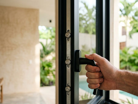 Canto de ventana de aluminio con cierre multipunto de tres rodillos y manija accionada