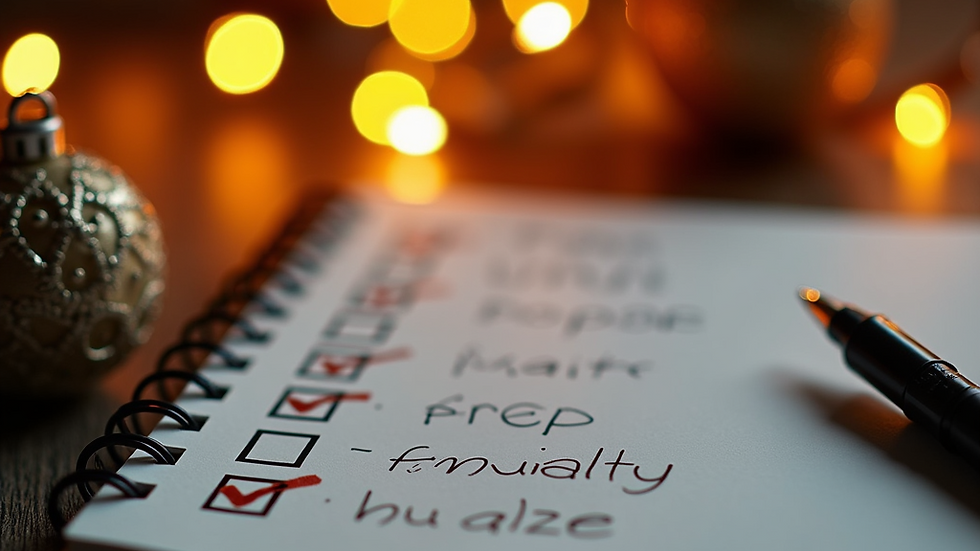 A close-up checklist with twinkle lights in the background