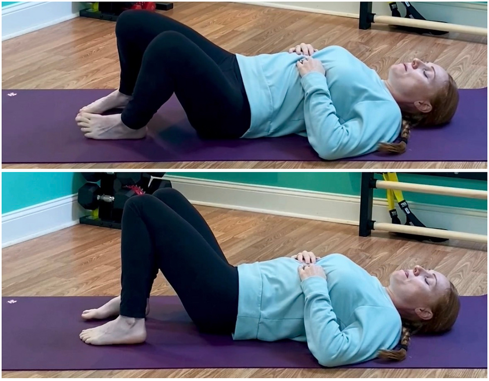 Woman in a light blue sweater doing pelvic exercises on a purple mat in a gym. She holds her torso still with bent knees on wooden floor.