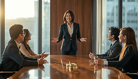 A premium and inspiring scene of a high-end small seminar or premium mastermind meeting. A
