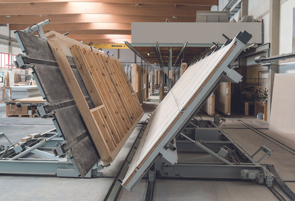 Panelised timber frames being put together in a factory