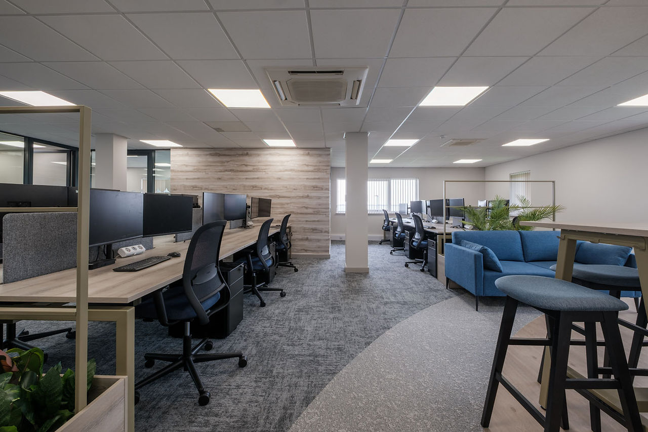 Boluda towage desk banks, head office, view of wider office and flooring curve