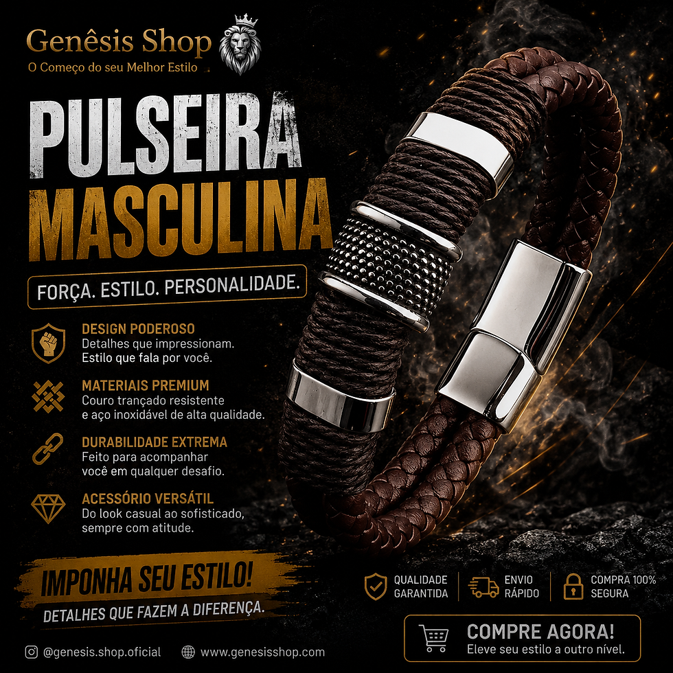 Miniatura: Pulseira Masculina de Couro Marrom e Aço Inoxidável
