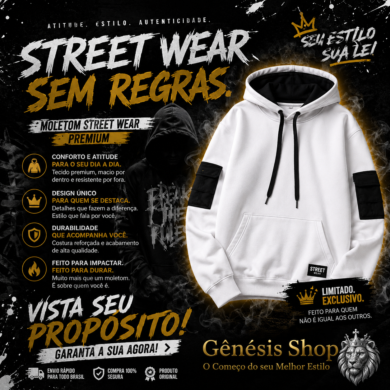 Moleton com Capuz Masculino Merlin & Elot Street Wear Adulto