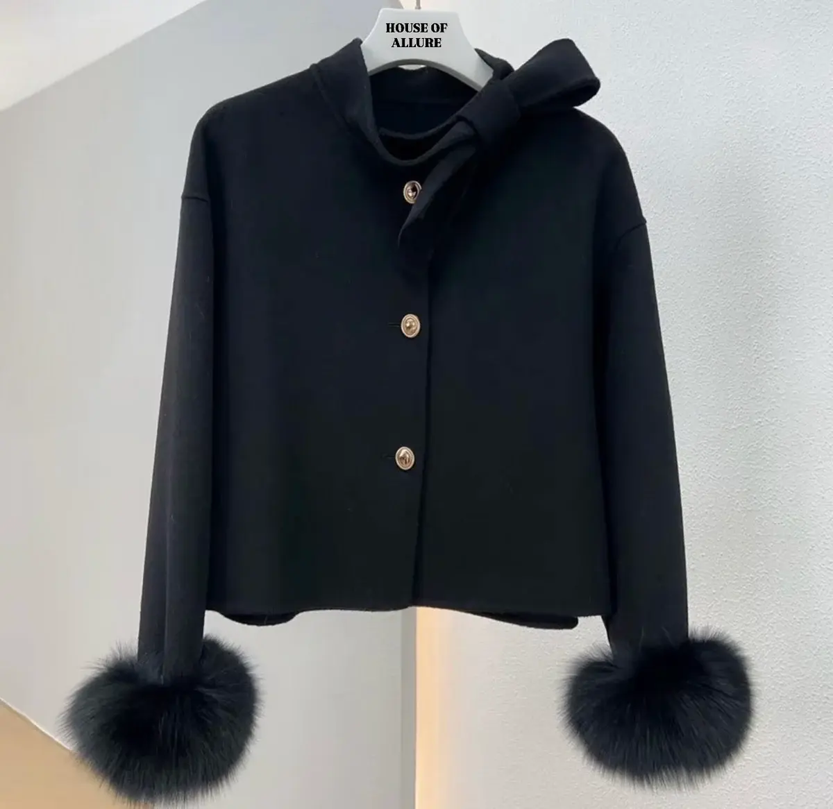 Black Cashmere Fur Cuff Jacket (PRE ORDER)