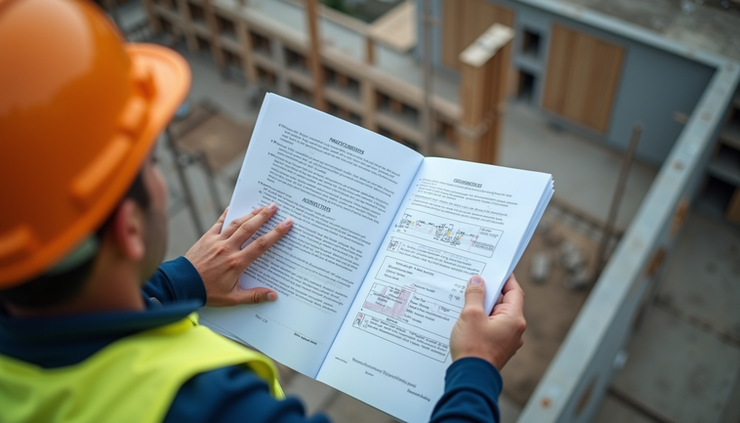 High angle view of a builder reviewing a detailed tender package on a construction site