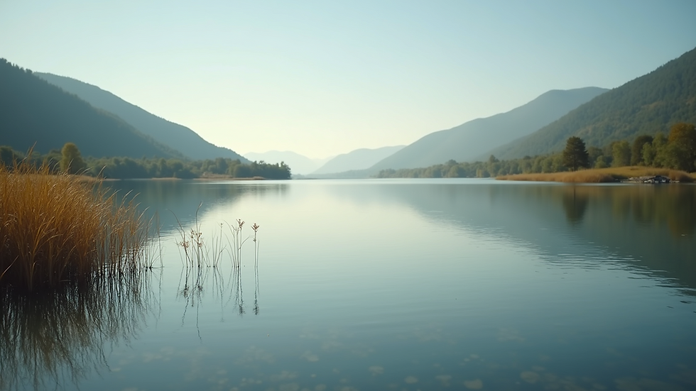 Close-up view of a serene landscape with a calm lake