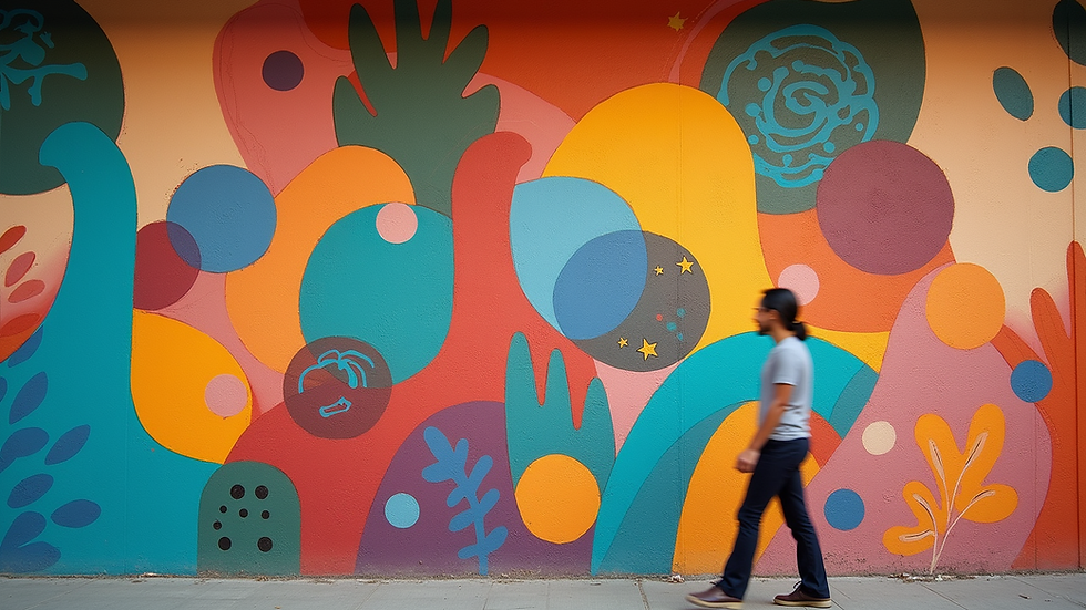 Eye-level view of a colorful mural depicting abstract shapes and patterns