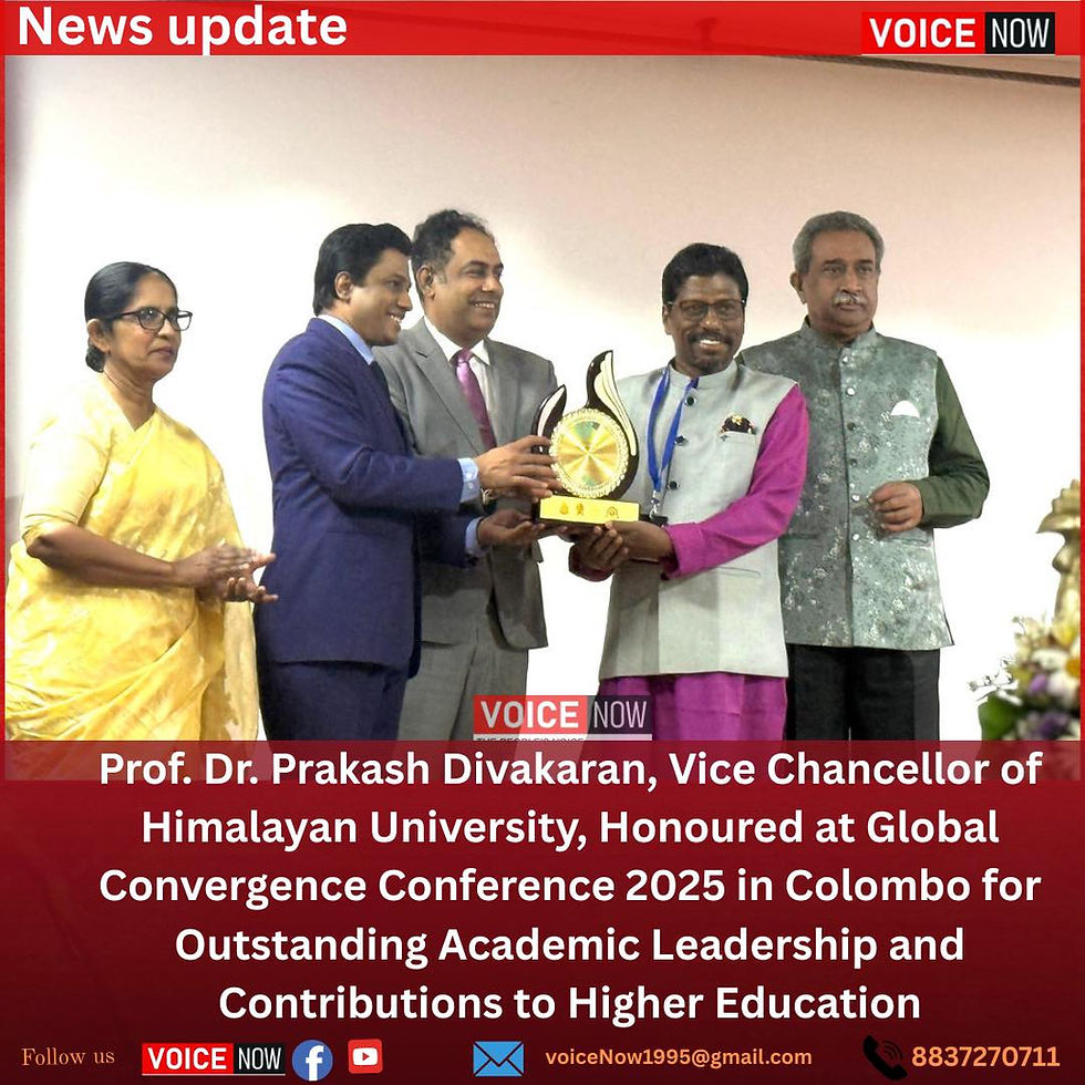 Group of five people on stage, one receiving a trophy. Red banner reads "News update." Text below details an award ceremony.
