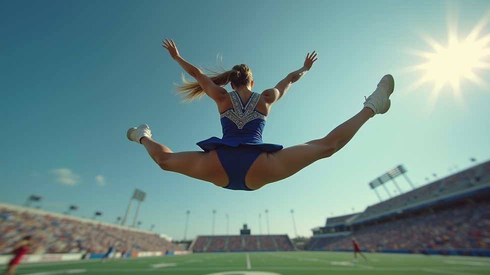 Eye-level view of a cheerleader performing a stunt