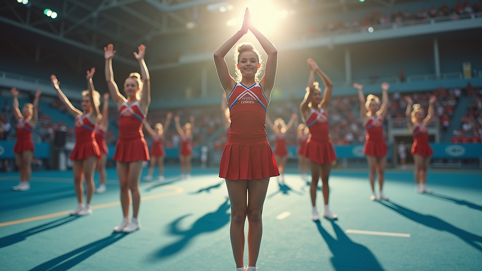 Eye-level view of a cheerleading practice session with team members performing stunts
