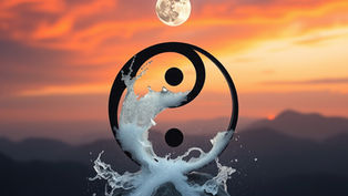 Yin-yang symbol with splashing water on a rock at sunset, moon above, vivid orange and purple sky in the background, serene mood. Conceptualising acceptance and change.