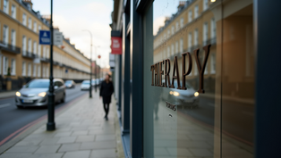 Urban street scene with a blurred pedestrian walking past a building window labelled "THERAPY", a place where trauma therapy can take place. Cars drive on a city road.