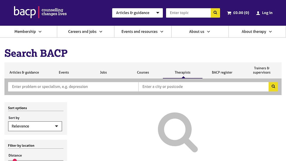 BACP website search page. Main menu in purple. Search bar with filters for articles, jobs, courses. Large magnifying glass icon below representing the therapist directory. 