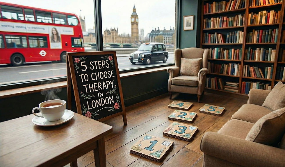 Cozy library with books, armchair, and coffee. A sign by the window reads "5 Steps to Choose Therapy in London." London bus outside.
