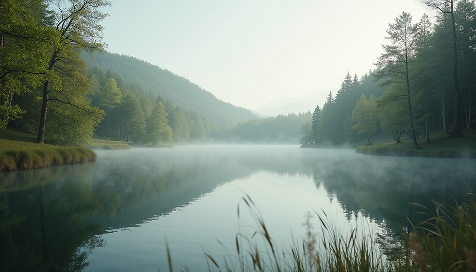 Close-up view of a serene landscape with a calm lake and surrounding trees